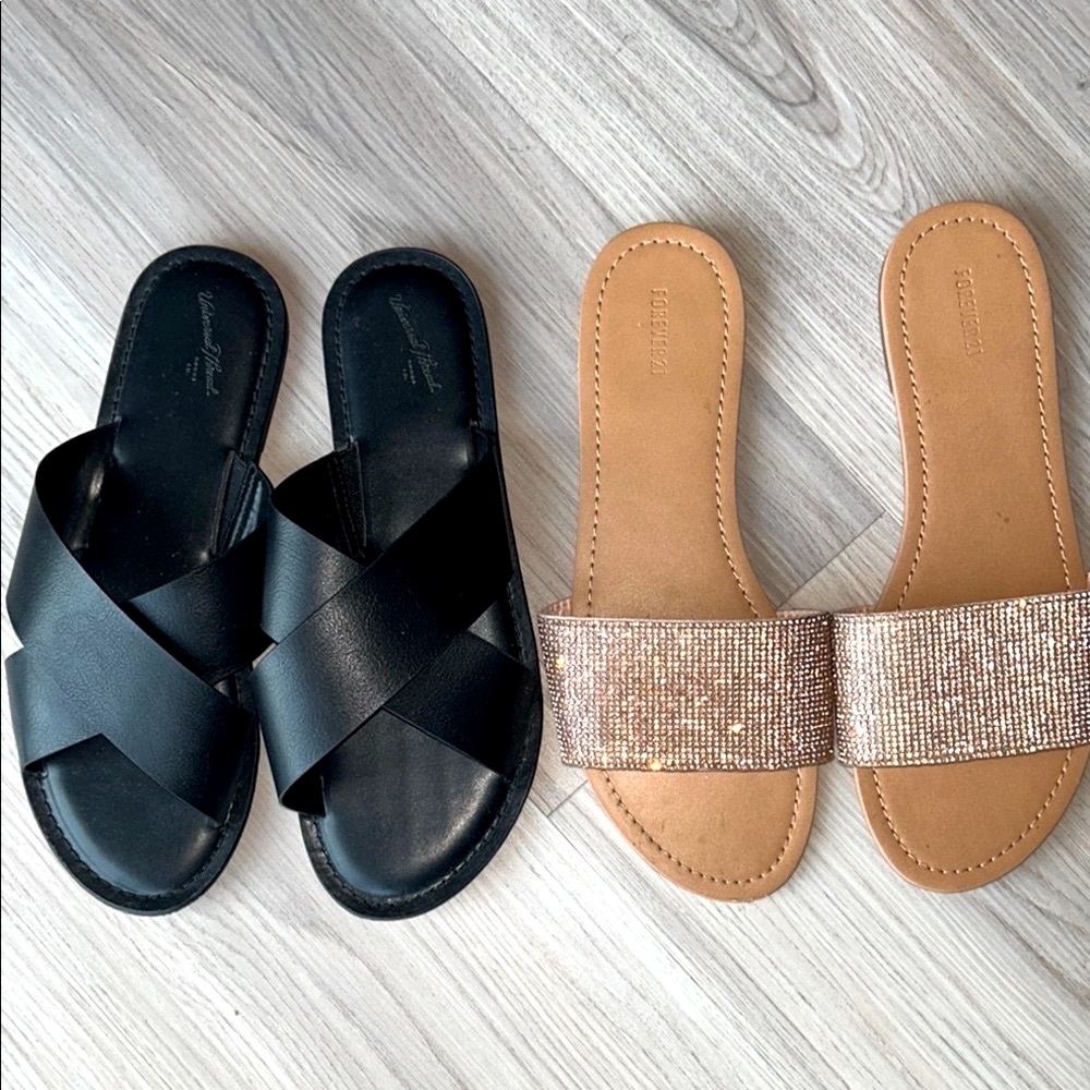 Slide Sandals Lot- 2 Pairs 8 Black Universal Thread-Tan Sequin Forever 21